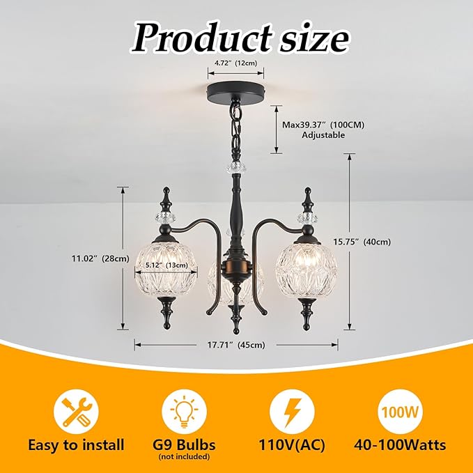 3-Light Black Pendant Light Fixtures, Modern Chandeliers for Kitchen Island Antique Kitchen Island Pendant Light for Farmhouse Living Room Bedroom Hotel