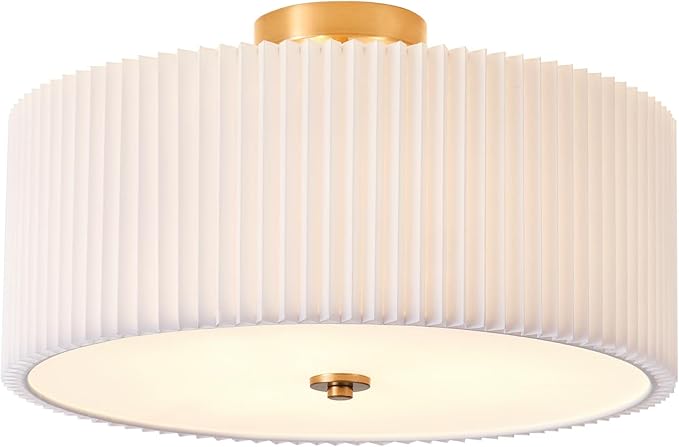 Semi Flush Mount Ceiling Light,17.7"Modern Close to Ceiling Light Fixture With White Fabric Shade, Light Fixtures Ceiling Mount Bedroom Ceiling Light for Bedroom Foyer Kitchen Living Room(Gold)