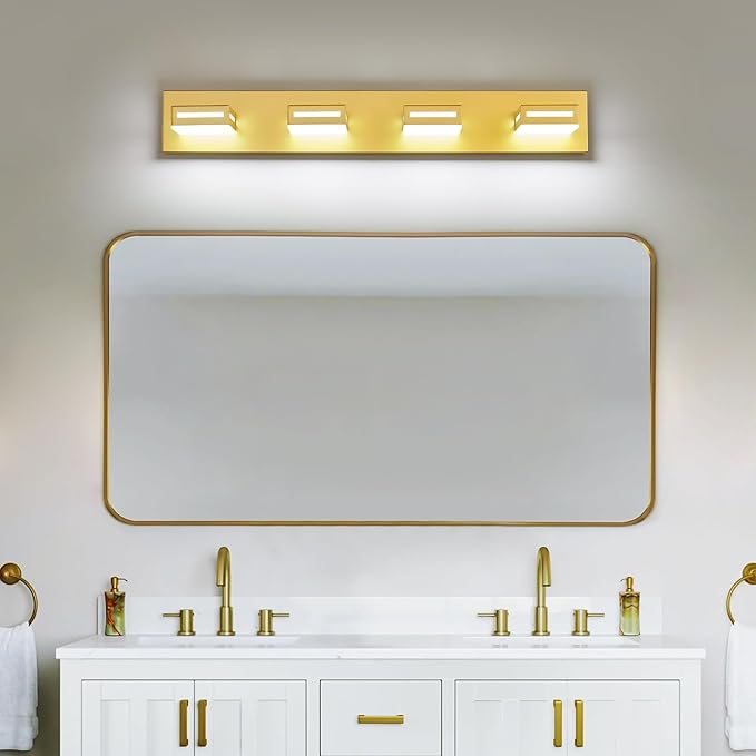 LED Modern Bathroom Light Fixtures, 4-Light 30-Inch Gold Vanity Lights for Bathroom Lighting Fixtures Over Mirror, 6000K Cool White 350° Rotatable Wall Lamp