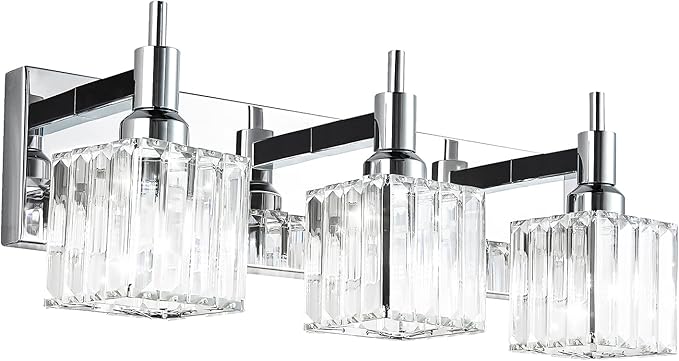 Modern Crystal Bathroom Vanity Light 3-Light Wall Light Fixtures Over Mirror Chrome Vanity Lighting for Bathroom Square Shade Wall Sconce