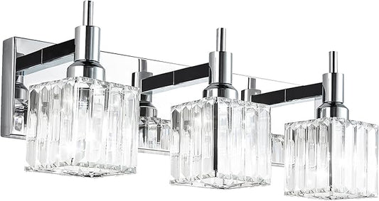 Modern Crystal Bathroom Vanity Light 3-Light Wall Light Fixtures Over Mirror Chrome Vanity Lighting for Bathroom Square Shade Wall Sconce
