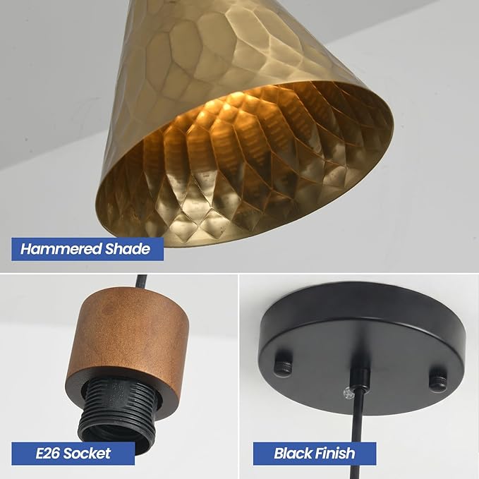 Modern Brass Pendant Lights Kitchen Island, Mid Century Dome Pendant Light, Small Industrial Hanging Pendant Lighting for Dining Room, Bedroom, Sink, Bar, 3 Pack