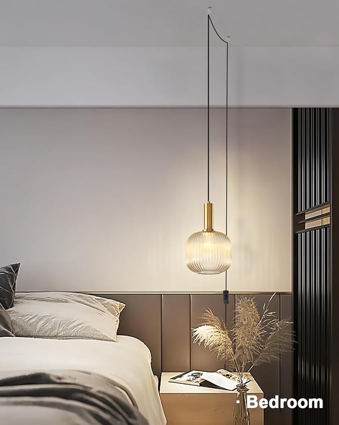 Amber Plug in Pendant Light, Mid Century Modern Hanging Light Fixture with 14.76ft Cord, Vintage Gold Hanging Lamp Plug in Chandelier Lighting for Bedroom, Living Room, Kitchen, Dining Room