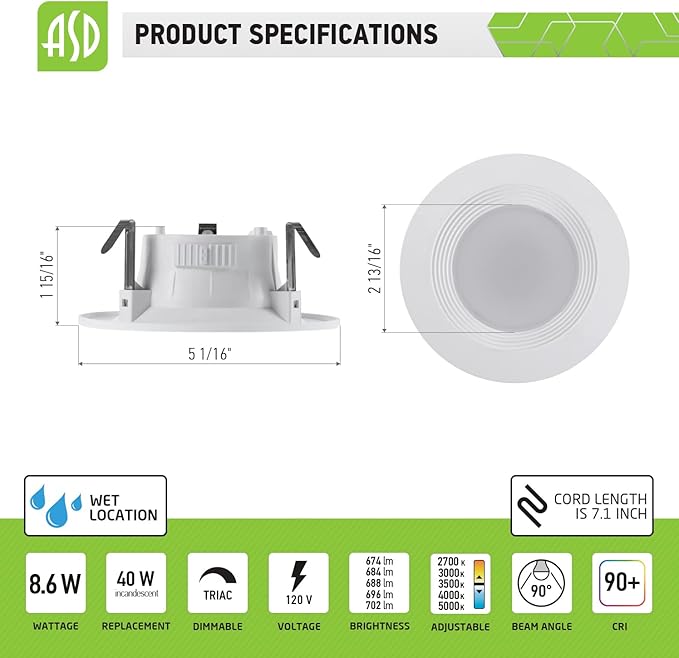 ASD 12 Pack 4 Inch Retrofit LED Recessed Light - 9W 2700K-5000K 700LM Retrofit LED Recessed Lighting 4 Inch, Dimmable Recessed Lights, Wet Rated Baffle Trim Can Lights, UL