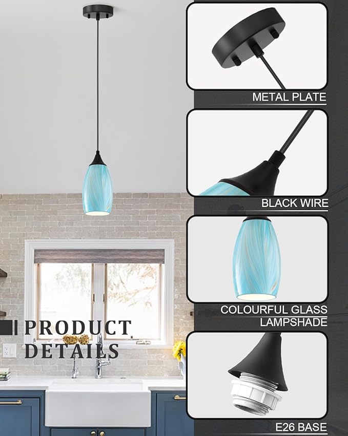 ANYLOVE Vintage Art Blue-Gold Pendant Lighting,1-Pack Hand Glass Hanging Light Fixture,Adjustable Cord for Kitchen,Hallway,Dining Room