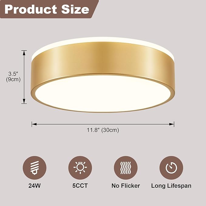 YURNYQ Dimmable Gold LED Flush Mount Ceiling Lights, Modern 5CCT 2700K-6000K Close to Ceiling Light, Minimalist Round Kitchen Lighting Fixtures for Bedroom Hallway Entryway Laundry Room, 11.8 Inch