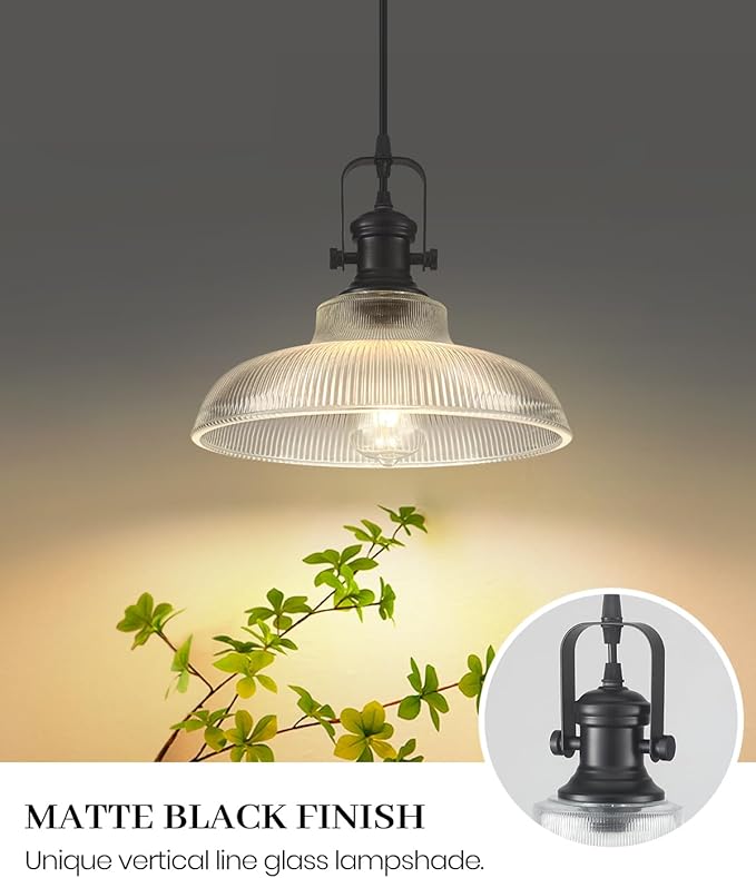 Black Glass Pendant Lights Kitchen Island, 12in, Ribbed Glass Kitchen Pendant Lights Fixture, Farmhouse Pendant Lighting for Dining Room Bedroom Bar Sink, 3 Pack