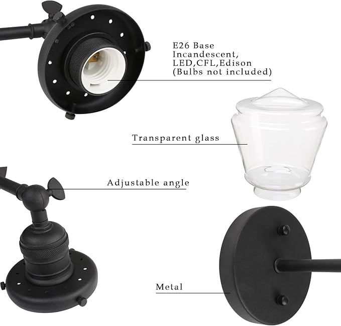 Phansthy Wall Sconces Light Fixture Industrial Wall Lamp, 180 Degree Adjustable Bathroom Vanity Light, Wall Light with Glass Shade Wall Decorative Lighting for Kitchen Living Room Hallway (Black)