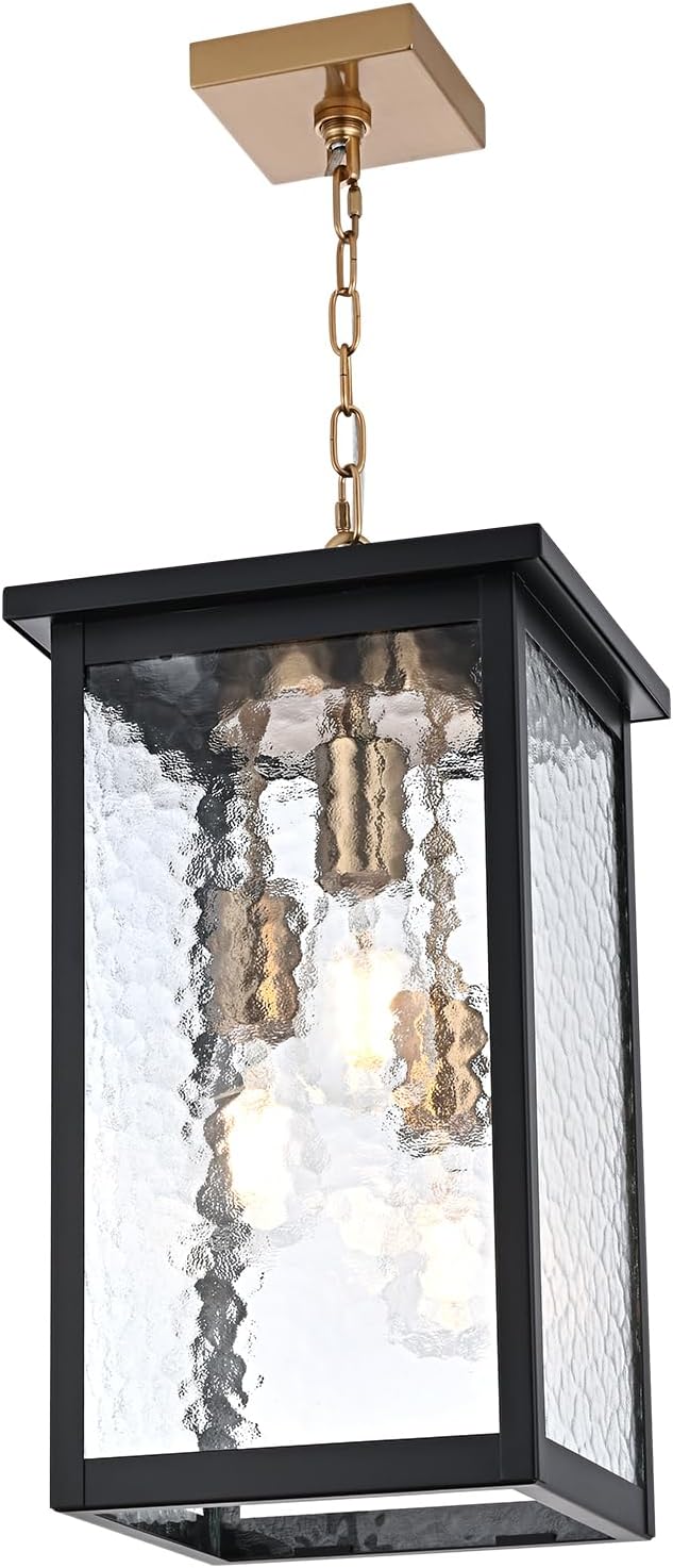 Outdoor Pendant Light Fixture, 3-Light Vintage Black & Brushed Brass Farmhouse Exterior Hanging Lights with Hammer Glass Adjustable Chain, Outdoor Hanging Lantern for Porch Entrance Foyer Front