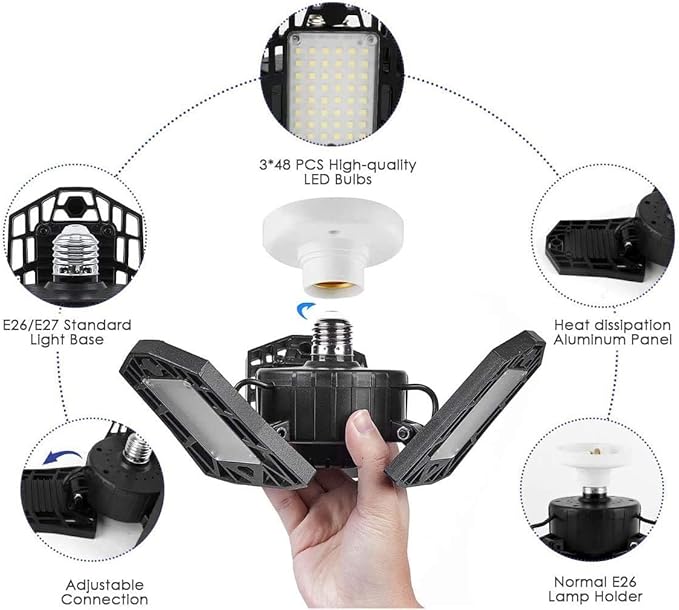 LED Garage Lights - 6000 Lumen 6500K Daylight 60W, Three Leaf Led Garage Ceiling Lights, Pack of 2