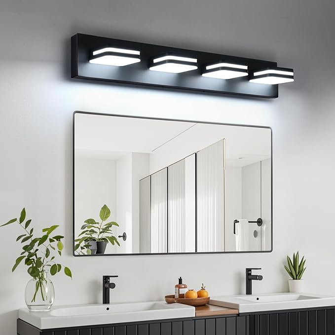 360° Rotate LED Dimmable Bathroom Vanity Light Fixtures, 1600LM Acrylic Matte Black Vanity Lights for Bathroom, Modern Wall Lighting Fixtures Over Mirror Kitchen Living (Natural White Light 5000K)