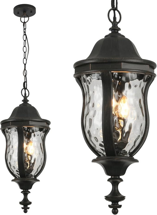 Large Outdoor Pendant Light Fixtures, 23.6'' Exterior Hanging Lantern Porch Light Adjustable, Black Brush Red Hanging Lamp Farmhouse Exterior Chandelier Ceiling Mount for Entrance Patio
