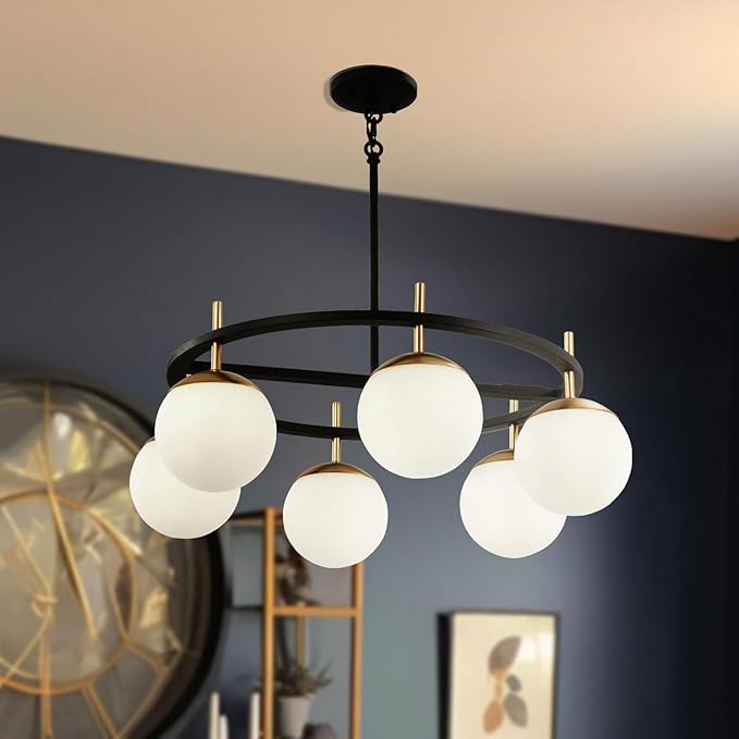 GEORGE KOVACS P1356-618 Alluria Pendant, 6-Light, 450 Total Watts, 9.75-in H x 27-in W, Weathered Black with Autumn Gold