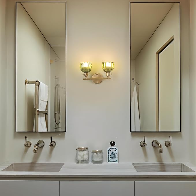 Shenmoyl Battery Operated Bathroom Light Fixtures, 2-Light Brass Vanity wall Light with 5000mAh Rechargeable Bulb Over Mirror with Green Tulip Glass Shade for Bedroom Living Room