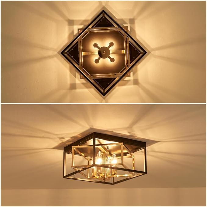 Square Ceiling Light, 4-Light Flushmount Modern Close to Ceiling Light Fixture for Living Room, Bedroom, Dining Room, L13 x W13 x H7 inch, Black & Gold Finish Frame