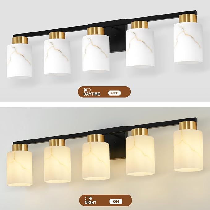 5-Light Bathroom Light Fixtures, Modern Vanity Lights, Black and Gold Metal Wall Lamp with White Marble Glass for Bathroom, Mirror, Living Room, Bedroom, Cabinet, Porch, Hallway, E26 Base