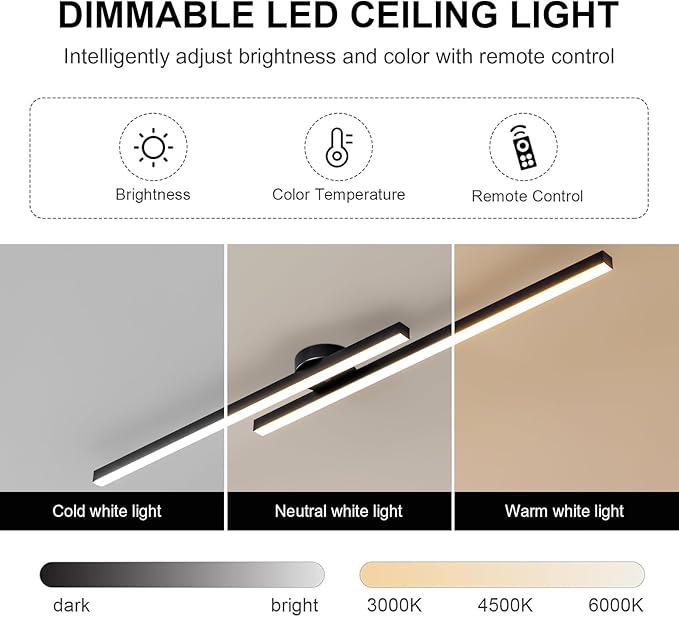 JAYMP 43.3" Modern Ceiling Light with Remote, Black Sputnik Ceiling Lamp, 32W Dimmable LED Lighting Fixture for Dining Room Living Room Kitchen Island Hallway, 2 Lights