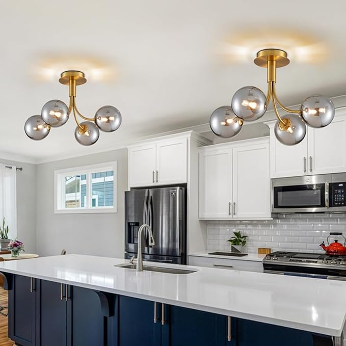 AGV Lighting Modern Semi Flush Mount Ceiling Light Fixture, 4-Light Gold Flush Mount Chandelier with Smoky Silver Glass Globe Shades, 18" L x 12" H Metal Ceiling Lamp for Bedroom, Dining Room, Kitchen