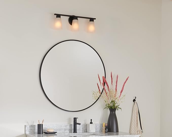Kichler Stamos 3-Light Bathroom Vanity Light Fixture with Satin Etched Glass Shades, 22 in Modern Wall Light in Black for over Mirror (22 in x 5 in x 8 in), 52608BK
