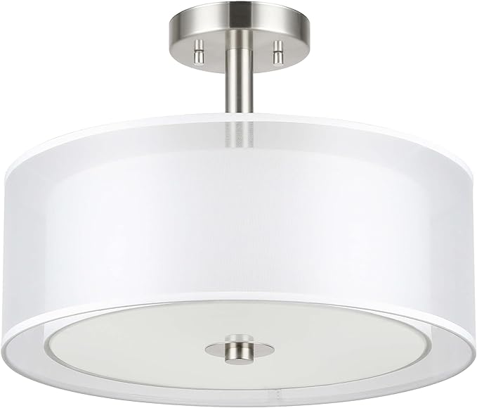 XiNBEi Lighting Semi Flush Mount Ceiling Light, 3 Light Close to Ceiling Light with Fabric Shade, 16" Drum Semi Flush Ceiling Light in Brushed Nickel for Living Room & Bedroom XB-SF1194-BN