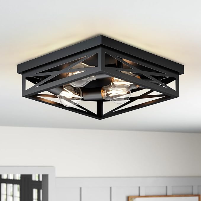LVWIT 13.8 Inch Flush Mount Ceiling Light Fixtures, 4-Light Black Light Fixtures Ceiling Mount, Square Hallway Light for Kitchen Entryway Hall (E26 Base, Bulbs Not Included)