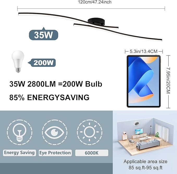 47.24inch Linear Ceiling Light Black Modern LED Ceiling Light Fixture 6000K Aluminum Long Ceiling Lamp for Hallway, Kitchen, Bedroom, Dining Room