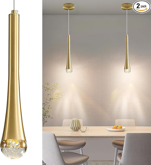 2 Pack Modern Gold LED Pendant Light, Kitchen Island Ceiling Hanging Lights, Teardrop Bubble Crystal, 3 Color 2700K/4500K/6500K, Bedside Small Chandelier Lamps for Bar, Dining Room, Hallway, Foyer