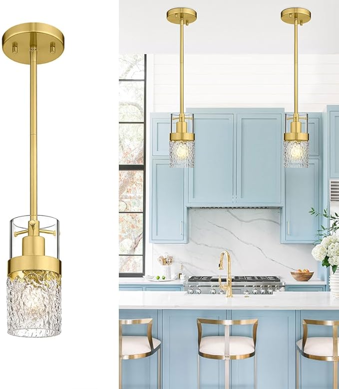 LMS Gold Pendant Light, 1-Light Pendant Lighting for Kitchen Island with Hammered Glass, LMS-171