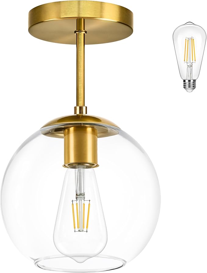 Gold Semi Flush Mount Ceiling Light Fixture with Clear Glass Light Fixture Mid Century Light Fixtures Gold Semi Flush Ceiling Light Fixtures for Dining Room Kitchen Island (Bulb Incl)