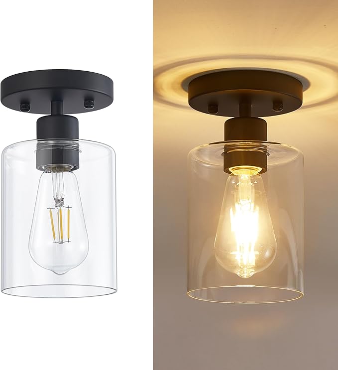 YYT Hallway Light Fixtures Ceiling Black 1 Light Semi Flush Mount Ceiling Light Hallway Light Fixtures Small Cieling Lights Single Light Fixture with Clear Glass Shade Set of 1