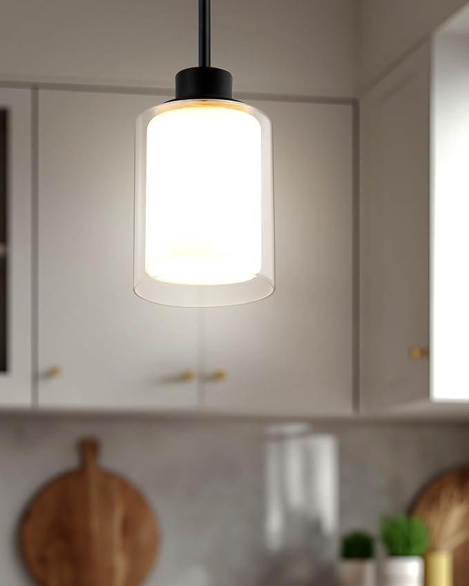 1-Light Mini Pendant Light Fixtures, 3-Pack Modern Hanging Ceiling Lighting, Adjustable Height, Black Pendant Lamp with Dual Glass for Kitchen Island Bedroom