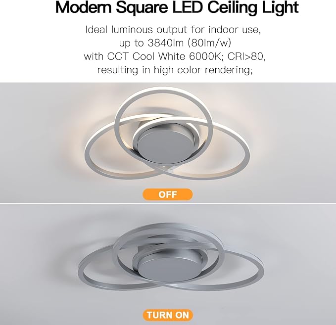 MADEM Modern Flush Mount Ceiling Light - 23.6'' Dimmable LED Chandelier for Bedroom, Living Room, Dining Room,3040LM 38W, Silver