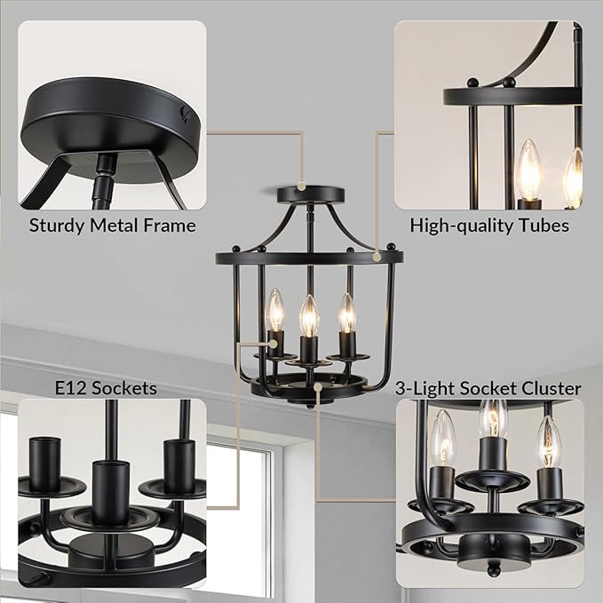 Farmhouse Semi Flush Mount Ceiling Light Fixtures, Industrial Rustic Ceiling Lamp Metal Cage Hallway Light Fixtures(3-Light Black Finish)