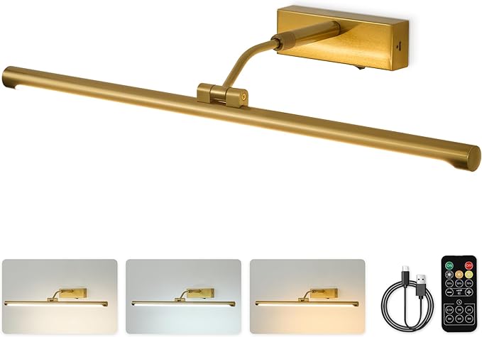 Picture Lights for Wall Battery Operated,24 Inch Wireless Rechargeable Art Lights for Pictures,3CCT Dimmable Retractable Painting Light with Remote & Timer,Glare-Free for Gallery Light,Gold