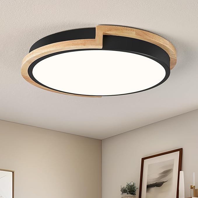 Modern Dimmable LED Flush Mount Ceiling Light Fixture,Round Close to Ceiling Lighting,Matte Black with Wood Accent,Minimalist Kitchen Light Fixtures for Bedroom,Entryway,Living Room,11.81in