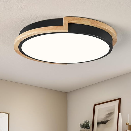 Modern Dimmable LED Flush Mount Ceiling Light Fixture,Round Close to Ceiling Lighting,Matte Black with Wood Accent,Minimalist Kitchen Light Fixtures for Bedroom,Entryway,Living Room,11.81in