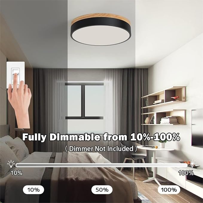 Modern Wood Flush Mount Ceiling Light, Black LED 5CCT 2700K-6000K Dimmable Ceiling Light Fixtures, Round Close to Lighting Fixture for Kitchen Entryway Hallway Bedroom Laundry Room-11.8in