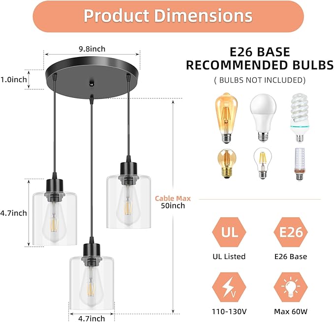CANMEIJIA 3-Light Pendant Light Fixtures, Black Glass Pendant Lights for Kitchen Island, Industrial Hanging Lighting for Dining Room Bedroom, Modern Ceiling Lamp E26 Base, Bulbs Not Included