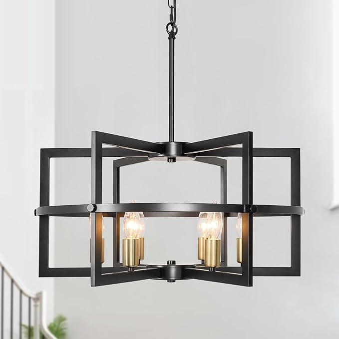 Black and Gold Chandelier, 6-Light Modern Farmhouse Industrial Metal Pendant Light Fixture for High Ceiling, Dining Room, Kitchen Island, Living Room, Entryway, Foyer, Adjustable Height