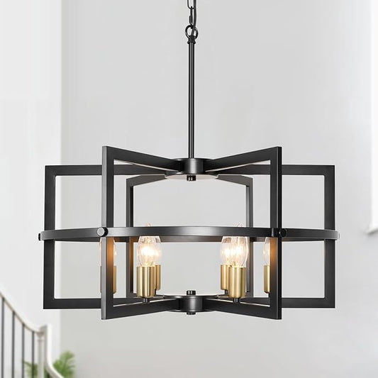 Black and Gold Chandelier, 6-Light Modern Farmhouse Industrial Metal Pendant Light Fixture for High Ceiling, Dining Room, Kitchen Island, Living Room, Entryway, Foyer, Adjustable Height