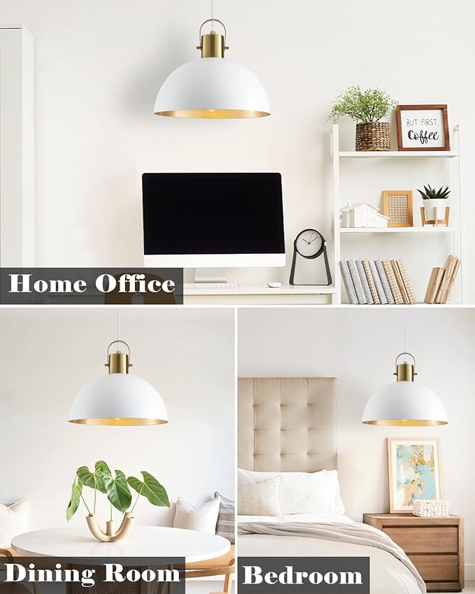 White and Gold Pendant Light 2 Pack, 11.8 Inch Dome Pendant Lights Kitchen Island, White Farmhouse Pendant Lights for Kitchen Island, Dining Room, Living Room