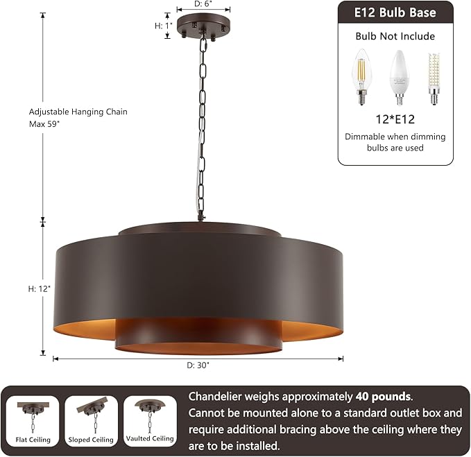 D30 Modern Geometric Metal Drum Pendant, Oil-Bronze Round Farmhouse Chandelier Industrial Pendant Light for Kitchen Island Dining Room Living Room