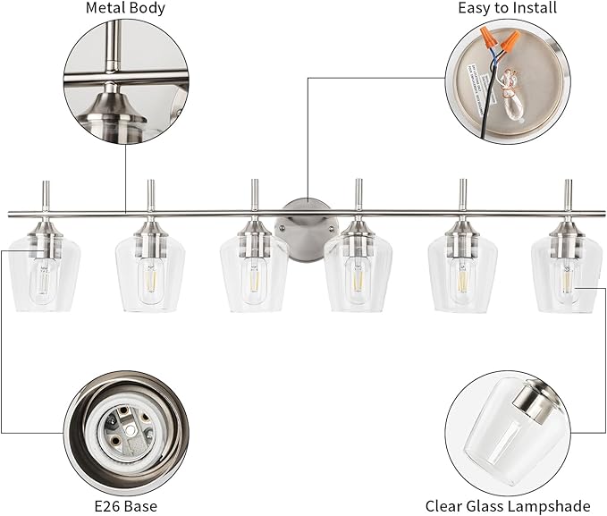 Bathroom Vanity Light Fixtures, Bathroom 6-Lights Over Mirror Modern Vanity Lighting with Clear Wine Glass Shade Wall Lamp for Bedroom Hallway Living Room (Nickel, 6-Light)
