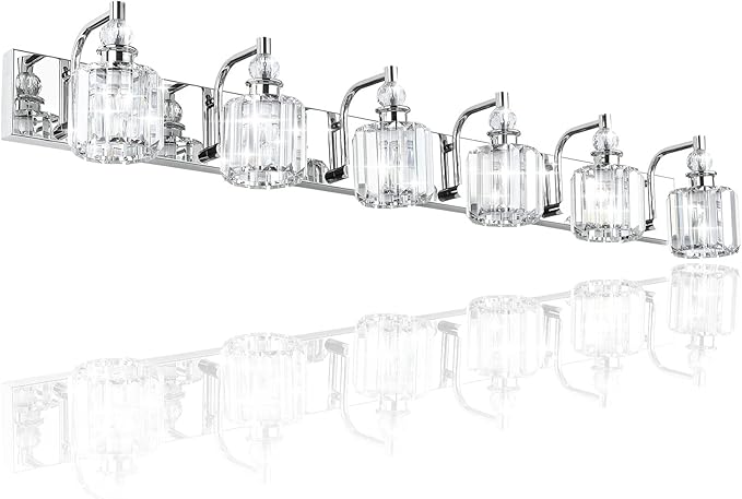 Ralbay Crystal Vanity Lights 6 Light 48" Modern Crystal Bathroom Lights Fixtures Over Long Mirror Stainless Steel Chrome Vanity Light for Bathroom Wall Lights Fixtures