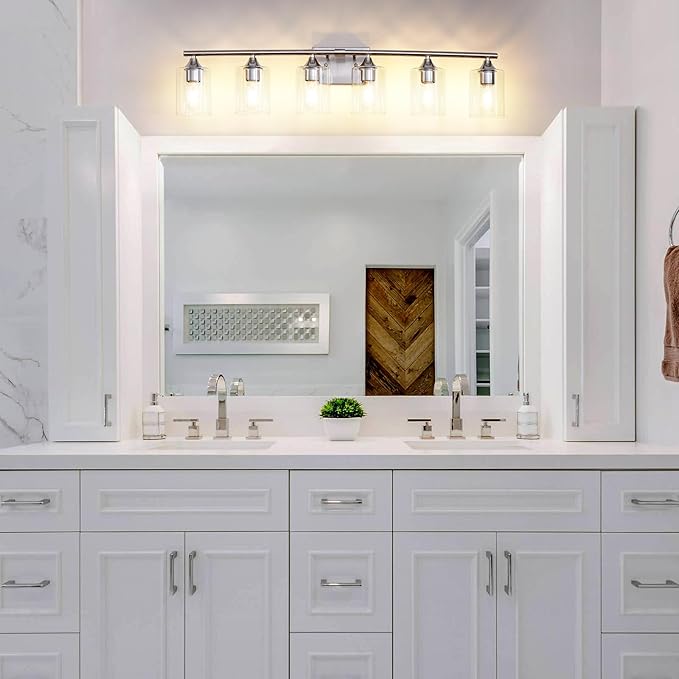 6-Light Bathroom Lighting Fixtures Over Mirror,Brushed Nickel Light Fixture Bathroom,Vanity Light with Clear Glass Shade,Modern Wall Lights for Mirror Bedroom Living Hallway