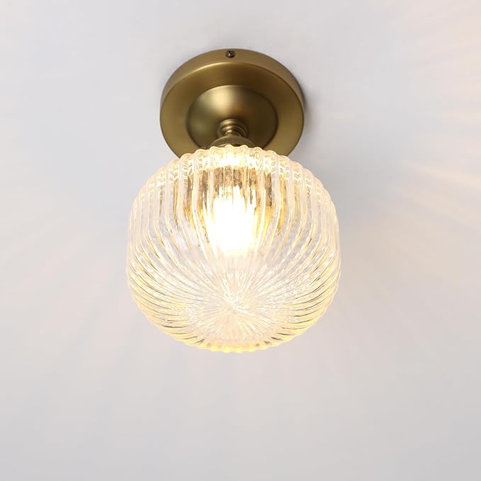 Industrial Semi Flush Mount Ceiling Light, Clear Striped Glass Lampshade Farmhouse Pendant Fixture, Close to Ceiling Light Fixture for Porch, Hallway, Entryway, Kitchen, Bedroom, Hotel