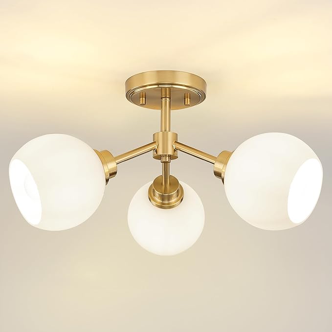 3-Light Semi Flush Mount Ceiling Light, Modern Light Fixtures Ceiling Mount with Globe Milk White Glass Shade, Brushed Gold Light Fixtures for Kitchen Entryway Hallway Bedroom, SM195-BG-ML-3