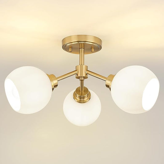 3-Light Semi Flush Mount Ceiling Light, Modern Light Fixtures Ceiling Mount with Globe Milk White Glass Shade, Brushed Gold Light Fixtures for Kitchen Entryway Hallway Bedroom, SM195-BG-ML-3