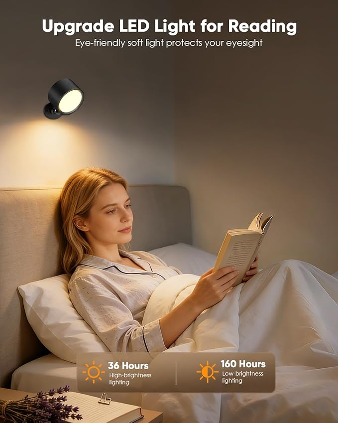 LED Wall Mounted Lights 2 Pcs with Remote, Rechargeable Wall Sconce with 3 Color Temps & Dimmable Magnetic 360° Rotation Cordless Light for Bedroom Reading Bedside