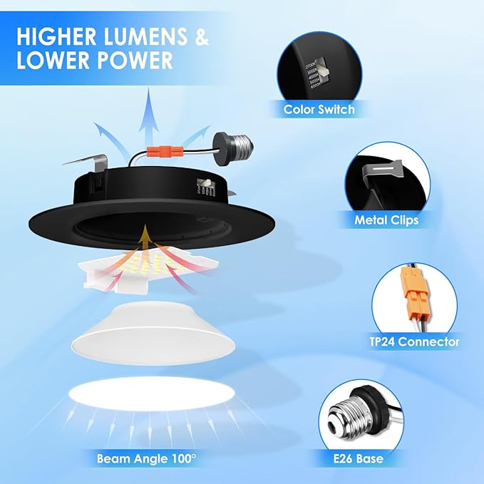ANWIO Recessed Lighting 4 Inch Black, 5CCT 6W 700LM Flat Retrofit LED Recessed Lights Can Needs, 2700/3000/4000/5000/6000K Selectable Can Lights CRI 80+ Dimmable E26 Base IC Rated & ETL 8 Pack